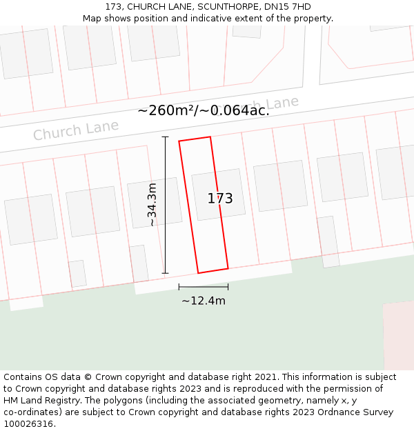 173, CHURCH LANE, SCUNTHORPE, DN15 7HD: Plot and title map