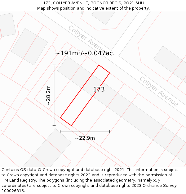 173, COLLYER AVENUE, BOGNOR REGIS, PO21 5HU: Plot and title map