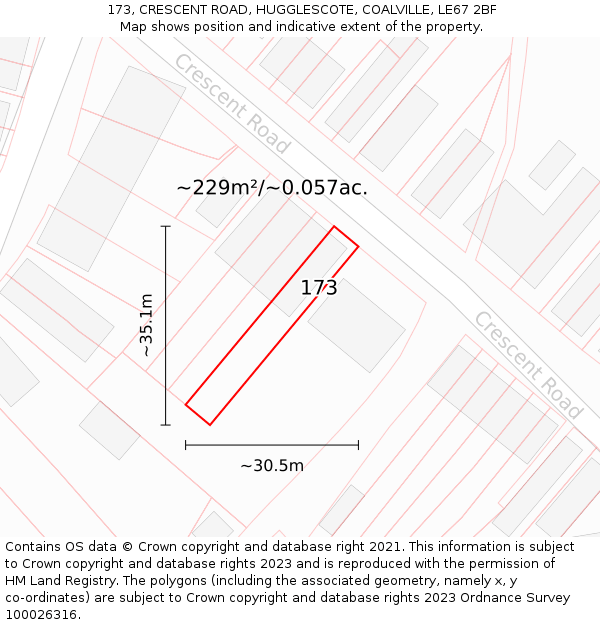 173, CRESCENT ROAD, HUGGLESCOTE, COALVILLE, LE67 2BF: Plot and title map