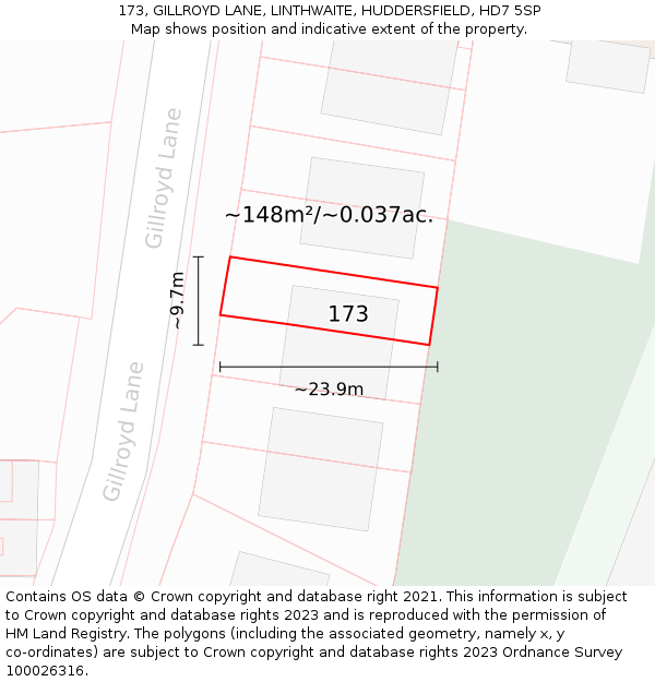 173, GILLROYD LANE, LINTHWAITE, HUDDERSFIELD, HD7 5SP: Plot and title map