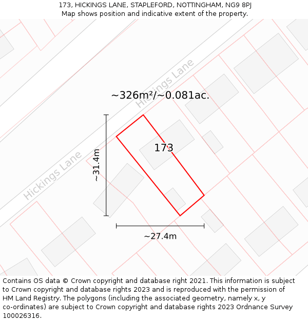 173, HICKINGS LANE, STAPLEFORD, NOTTINGHAM, NG9 8PJ: Plot and title map