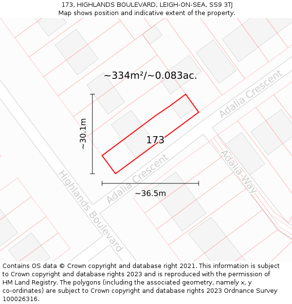 173, HIGHLANDS BOULEVARD, LEIGH-ON-SEA, SS9 3TJ: Plot and title map