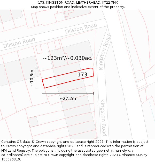 173, KINGSTON ROAD, LEATHERHEAD, KT22 7NX: Plot and title map