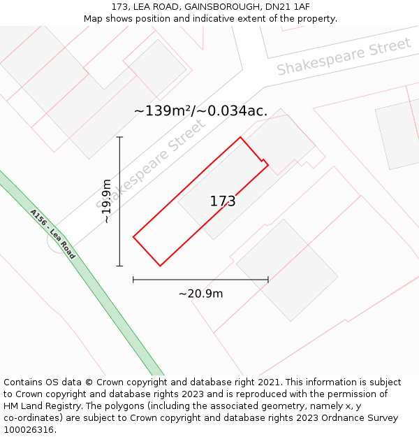 173, LEA ROAD, GAINSBOROUGH, DN21 1AF: Plot and title map