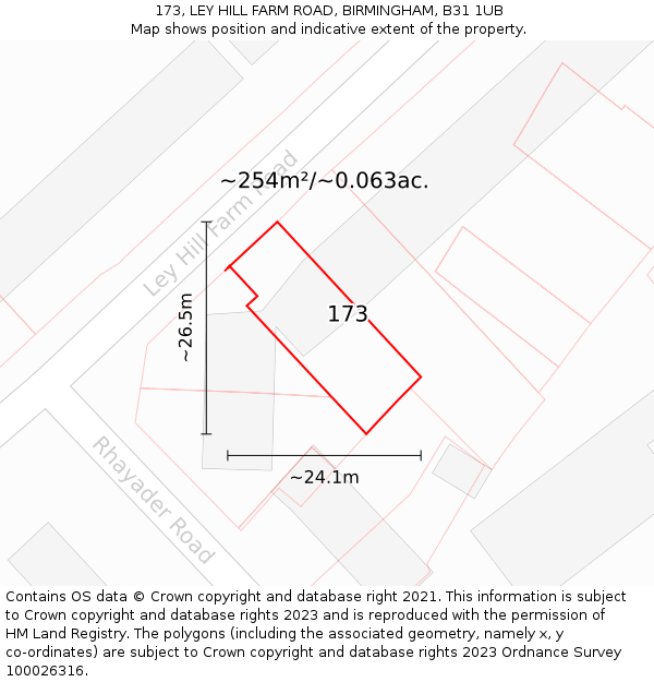 173, LEY HILL FARM ROAD, BIRMINGHAM, B31 1UB: Plot and title map