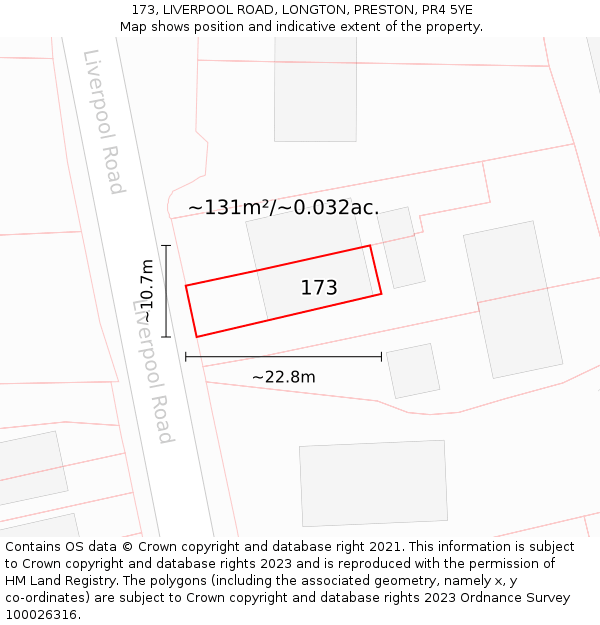 173, LIVERPOOL ROAD, LONGTON, PRESTON, PR4 5YE: Plot and title map