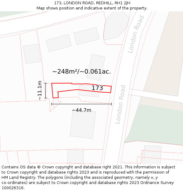 173, LONDON ROAD, REDHILL, RH1 2JH: Plot and title map