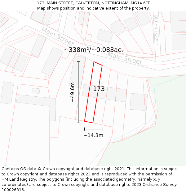 173, MAIN STREET, CALVERTON, NOTTINGHAM, NG14 6FE: Plot and title map