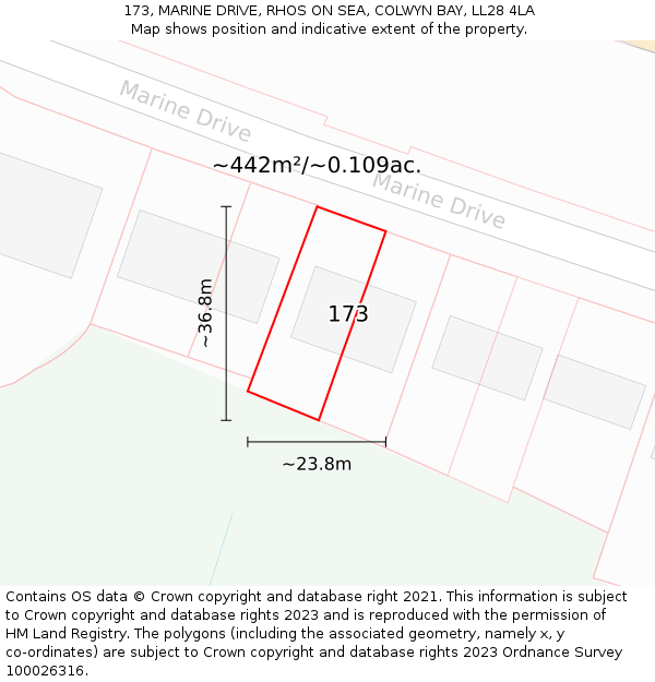 173, MARINE DRIVE, RHOS ON SEA, COLWYN BAY, LL28 4LA: Plot and title map