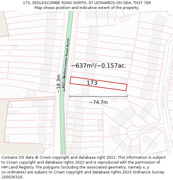 173, SEDLESCOMBE ROAD NORTH, ST LEONARDS-ON-SEA, TN37 7ER: Plot and title map