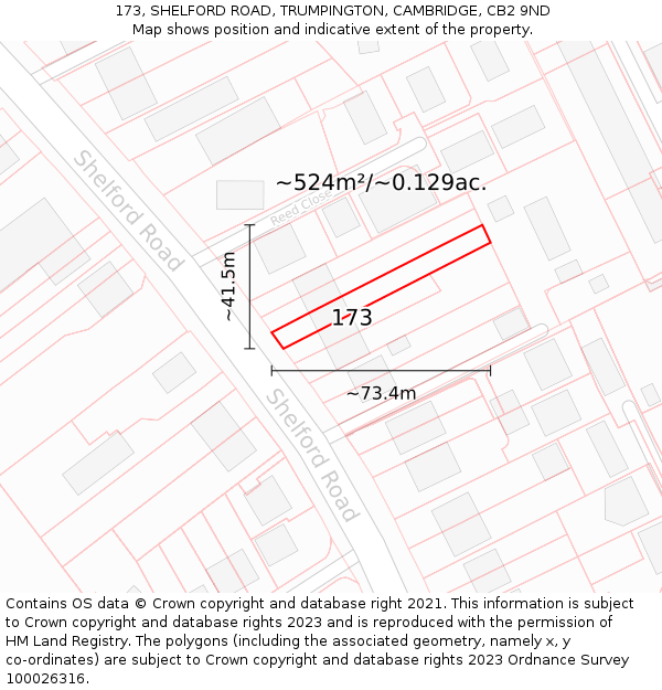 173, SHELFORD ROAD, TRUMPINGTON, CAMBRIDGE, CB2 9ND: Plot and title map