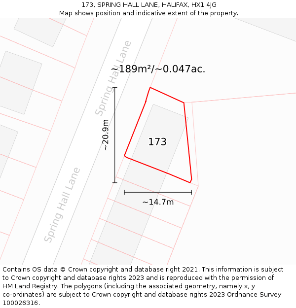 173, SPRING HALL LANE, HALIFAX, HX1 4JG: Plot and title map