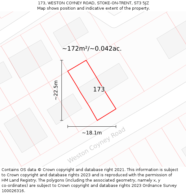 173, WESTON COYNEY ROAD, STOKE-ON-TRENT, ST3 5JZ: Plot and title map