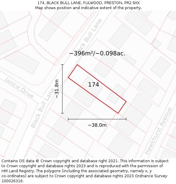 174, BLACK BULL LANE, FULWOOD, PRESTON, PR2 9XX: Plot and title map