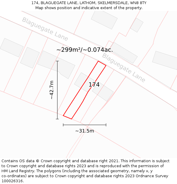 174, BLAGUEGATE LANE, LATHOM, SKELMERSDALE, WN8 8TY: Plot and title map