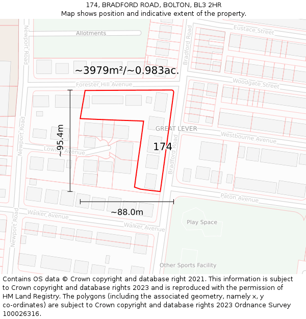 174, BRADFORD ROAD, BOLTON, BL3 2HR: Plot and title map