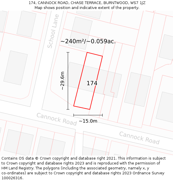 174, CANNOCK ROAD, CHASE TERRACE, BURNTWOOD, WS7 1JZ: Plot and title map