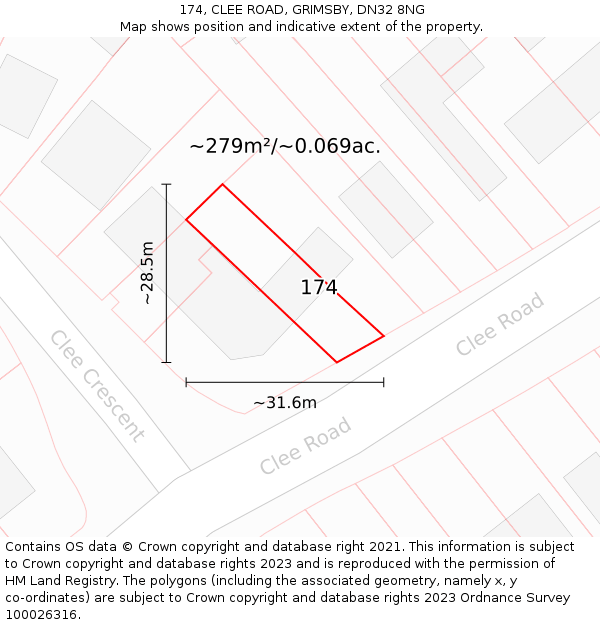 174, CLEE ROAD, GRIMSBY, DN32 8NG: Plot and title map