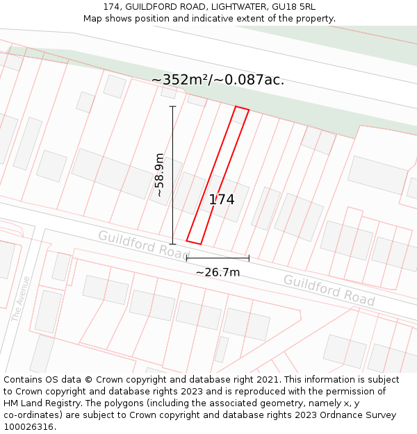 174, GUILDFORD ROAD, LIGHTWATER, GU18 5RL: Plot and title map