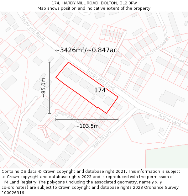 174, HARDY MILL ROAD, BOLTON, BL2 3PW: Plot and title map