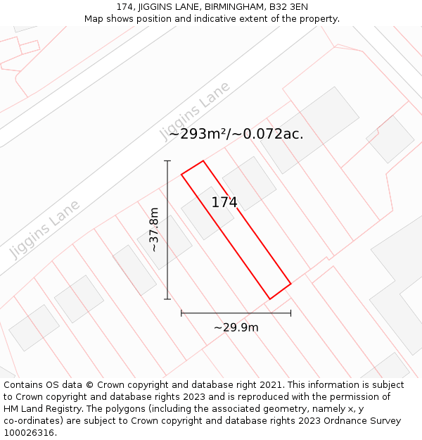 174, JIGGINS LANE, BIRMINGHAM, B32 3EN: Plot and title map