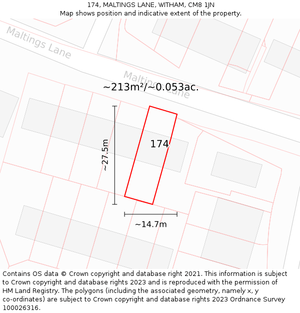 174, MALTINGS LANE, WITHAM, CM8 1JN: Plot and title map