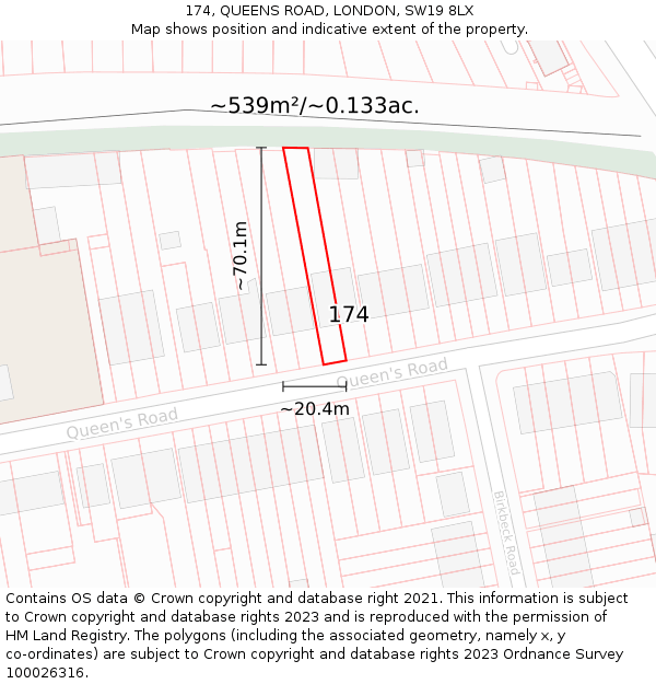 174, QUEENS ROAD, LONDON, SW19 8LX: Plot and title map