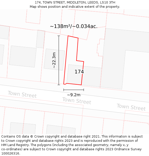 174, TOWN STREET, MIDDLETON, LEEDS, LS10 3TH: Plot and title map