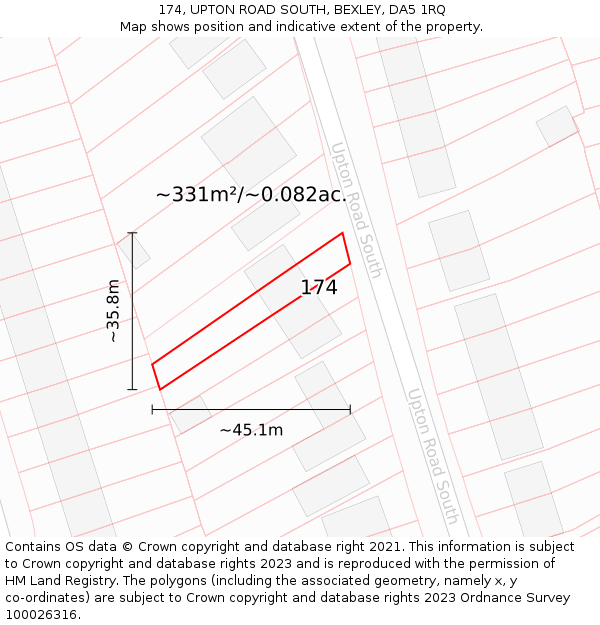 174, UPTON ROAD SOUTH, BEXLEY, DA5 1RQ: Plot and title map