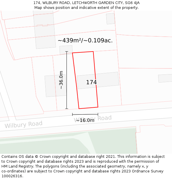 174, WILBURY ROAD, LETCHWORTH GARDEN CITY, SG6 4JA: Plot and title map