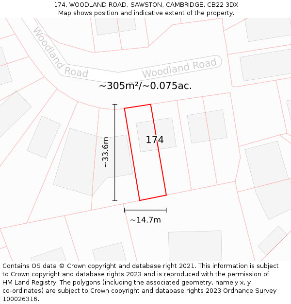 174, WOODLAND ROAD, SAWSTON, CAMBRIDGE, CB22 3DX: Plot and title map