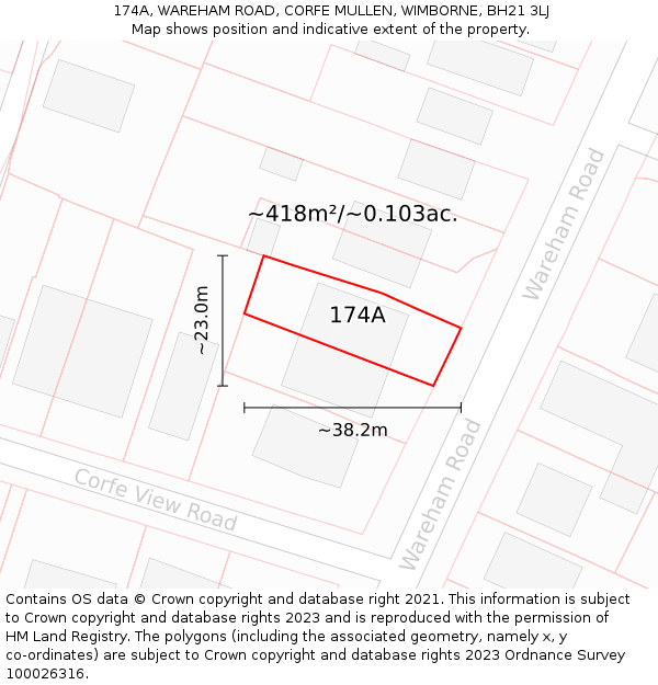 174A, WAREHAM ROAD, CORFE MULLEN, WIMBORNE, BH21 3LJ: Plot and title map