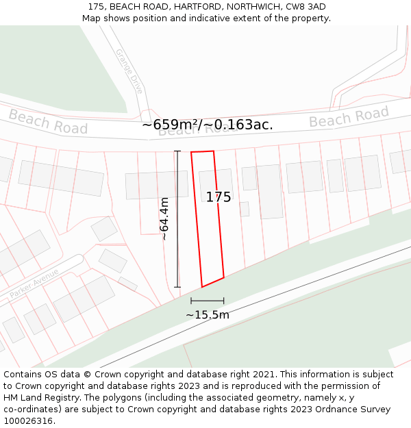 175, BEACH ROAD, HARTFORD, NORTHWICH, CW8 3AD: Plot and title map