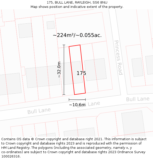 175, BULL LANE, RAYLEIGH, SS6 8NU: Plot and title map