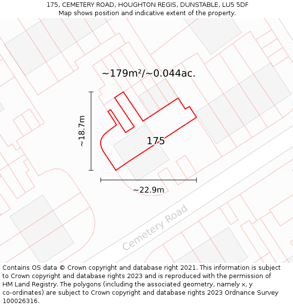 175, CEMETERY ROAD, HOUGHTON REGIS, DUNSTABLE, LU5 5DF: Plot and title map