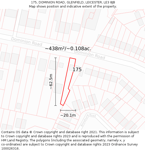 175, DOMINION ROAD, GLENFIELD, LEICESTER, LE3 8JB: Plot and title map