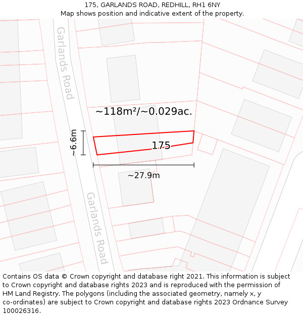 175, GARLANDS ROAD, REDHILL, RH1 6NY: Plot and title map