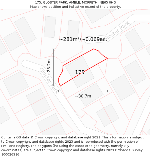 175, GLOSTER PARK, AMBLE, MORPETH, NE65 0HQ: Plot and title map