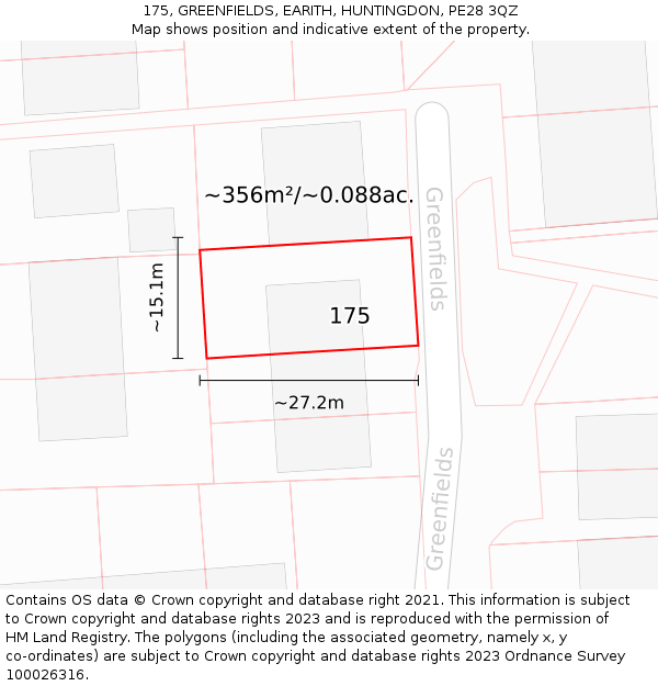 175, GREENFIELDS, EARITH, HUNTINGDON, PE28 3QZ: Plot and title map