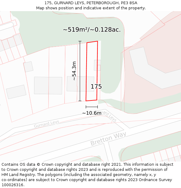 175, GURNARD LEYS, PETERBOROUGH, PE3 8SA: Plot and title map