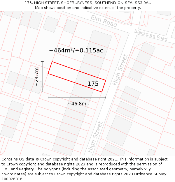 175, HIGH STREET, SHOEBURYNESS, SOUTHEND-ON-SEA, SS3 9AU: Plot and title map