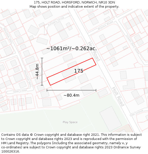 175, HOLT ROAD, HORSFORD, NORWICH, NR10 3DN: Plot and title map