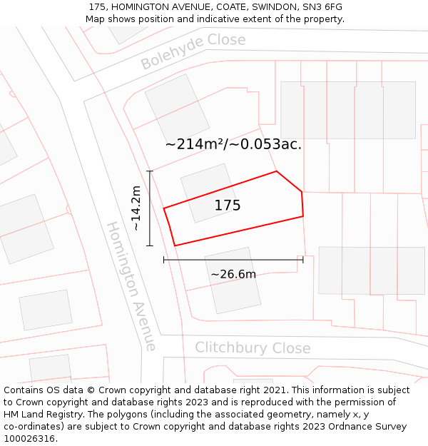 175, HOMINGTON AVENUE, COATE, SWINDON, SN3 6FG: Plot and title map