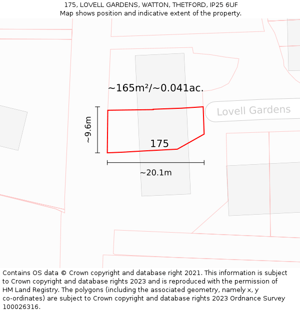 175, LOVELL GARDENS, WATTON, THETFORD, IP25 6UF: Plot and title map