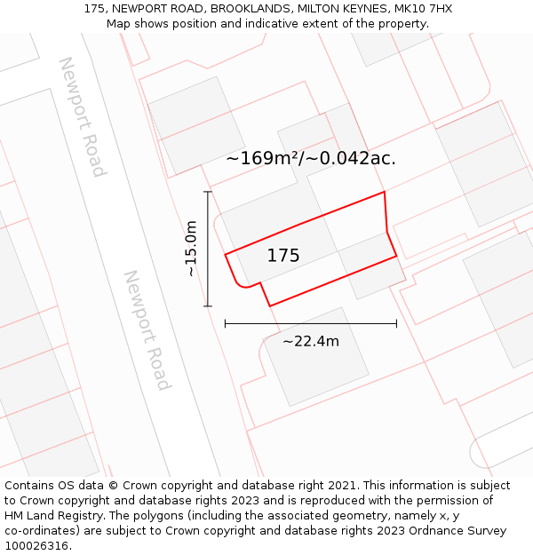 175, NEWPORT ROAD, BROOKLANDS, MILTON KEYNES, MK10 7HX: Plot and title map