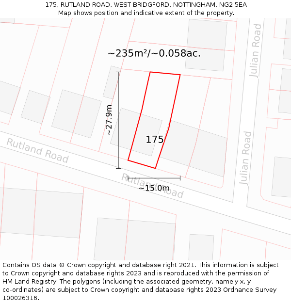 175, RUTLAND ROAD, WEST BRIDGFORD, NOTTINGHAM, NG2 5EA: Plot and title map