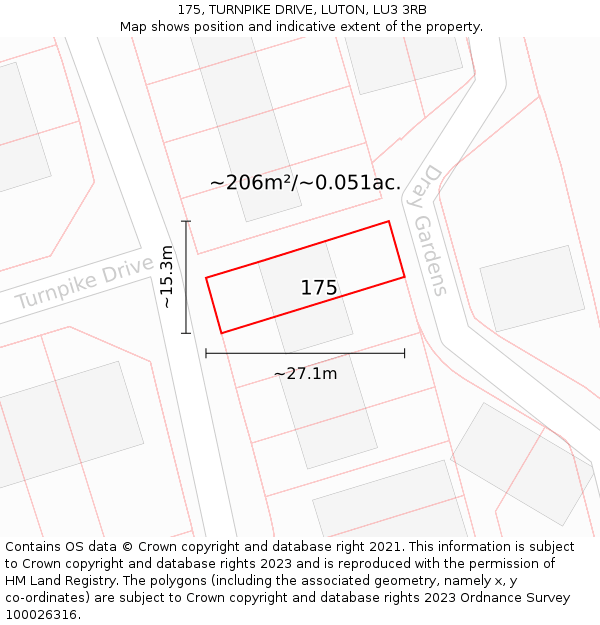 175, TURNPIKE DRIVE, LUTON, LU3 3RB: Plot and title map