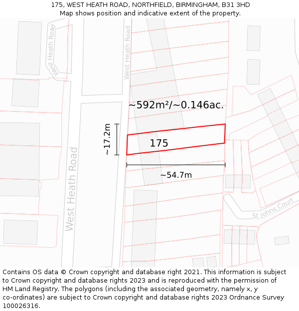 175, WEST HEATH ROAD, NORTHFIELD, BIRMINGHAM, B31 3HD: Plot and title map