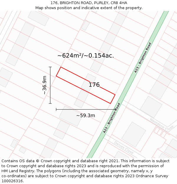 176, BRIGHTON ROAD, PURLEY, CR8 4HA: Plot and title map