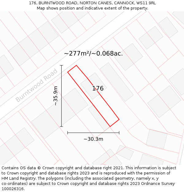 176, BURNTWOOD ROAD, NORTON CANES, CANNOCK, WS11 9RL: Plot and title map